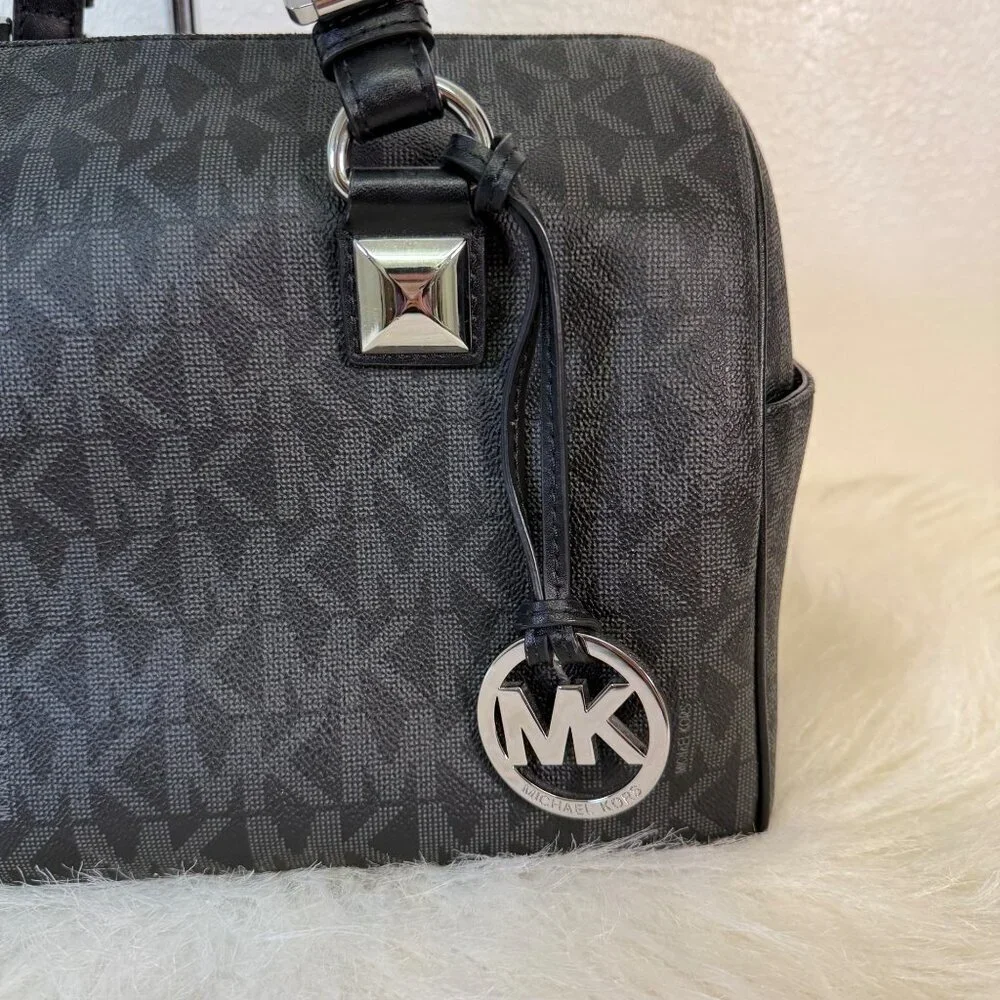 Michael Kors Grayson Signature MK Black Satchel Duffle Saffiano Leather Handbag